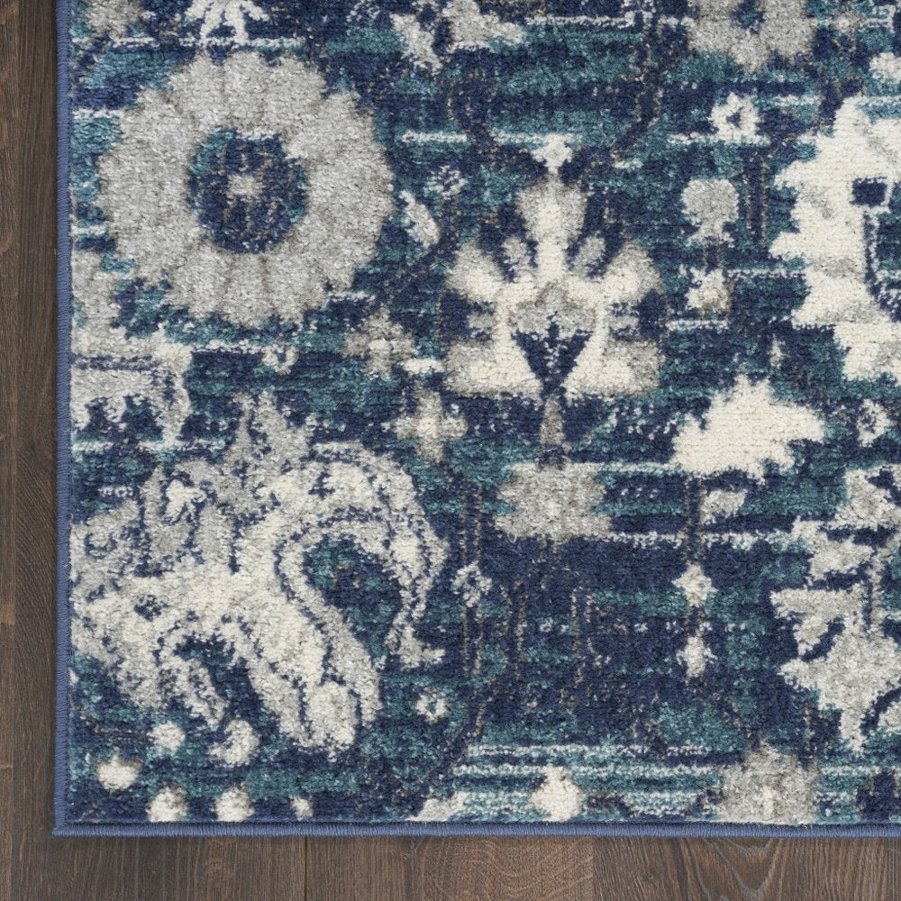 10' Blue And Ivory Floral Distressed Runner Rug