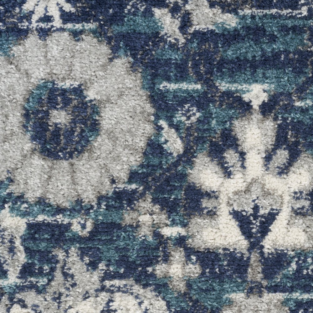 10' Blue And Ivory Floral Distressed Runner Rug