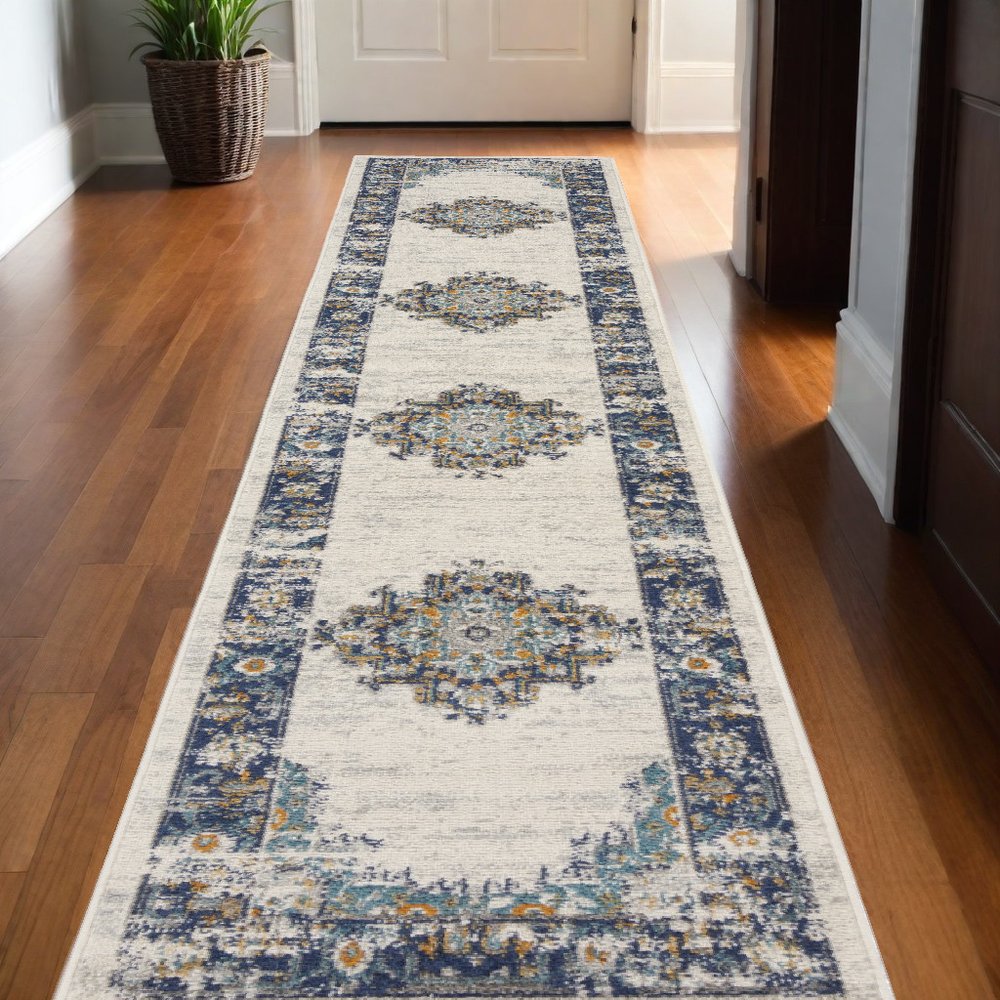 10' Blue And Ivory Oriental Distressed Runner Rug