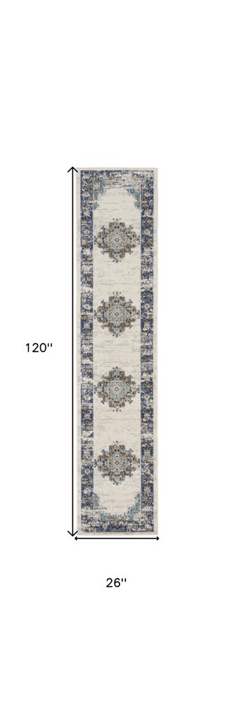 10' Blue And Ivory Oriental Distressed Runner Rug