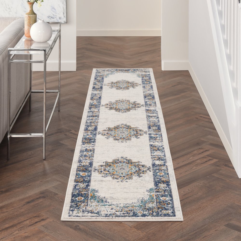 10' Blue And Ivory Oriental Distressed Runner Rug