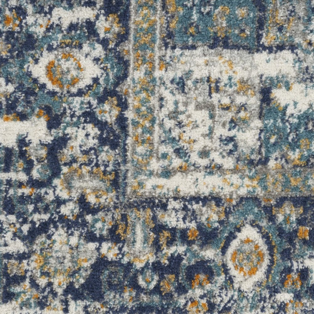 10' Blue And Ivory Oriental Distressed Runner Rug
