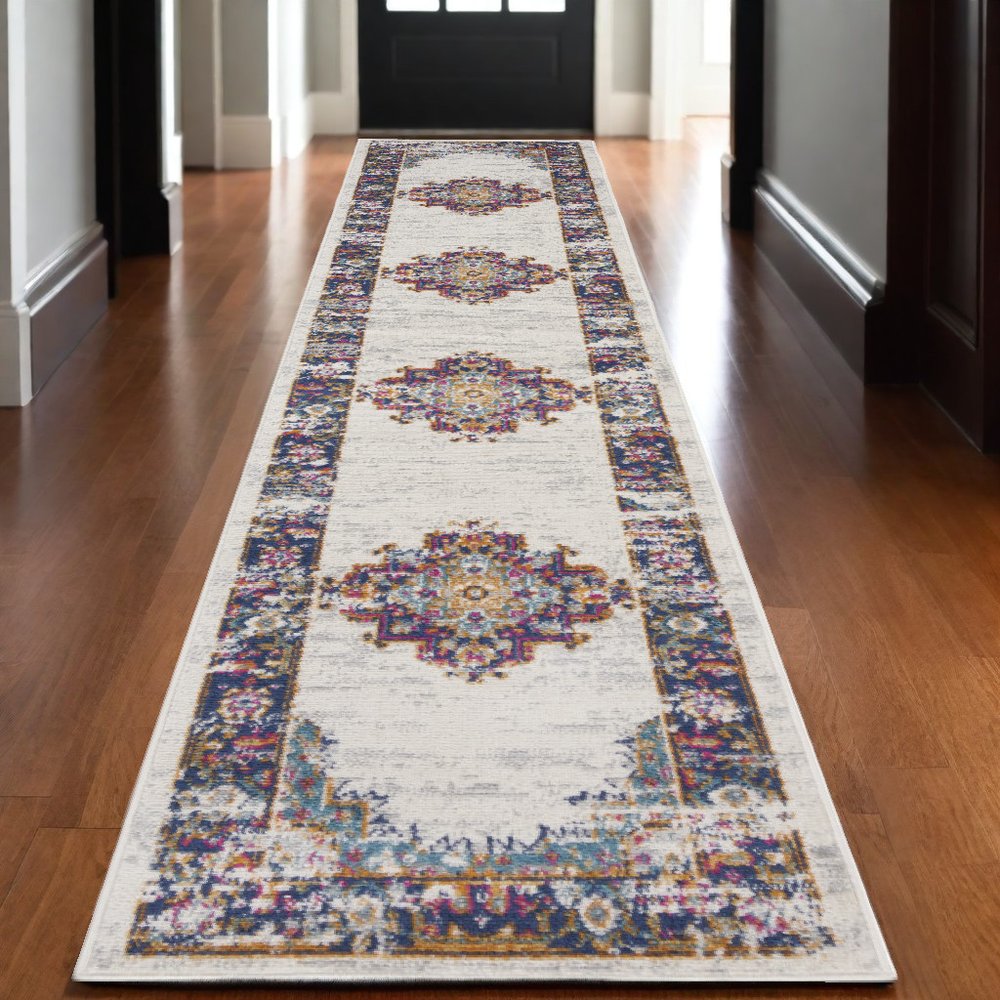 10' Blue And Ivory Oriental Distressed Runner Rug