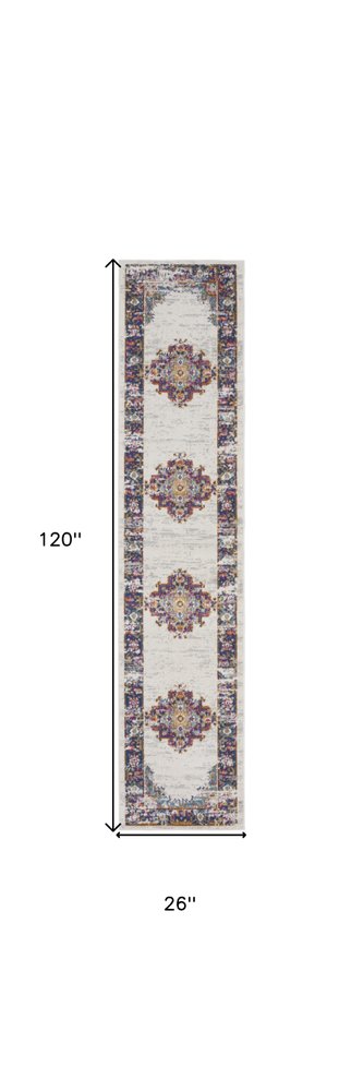 10' Blue And Ivory Oriental Distressed Runner Rug