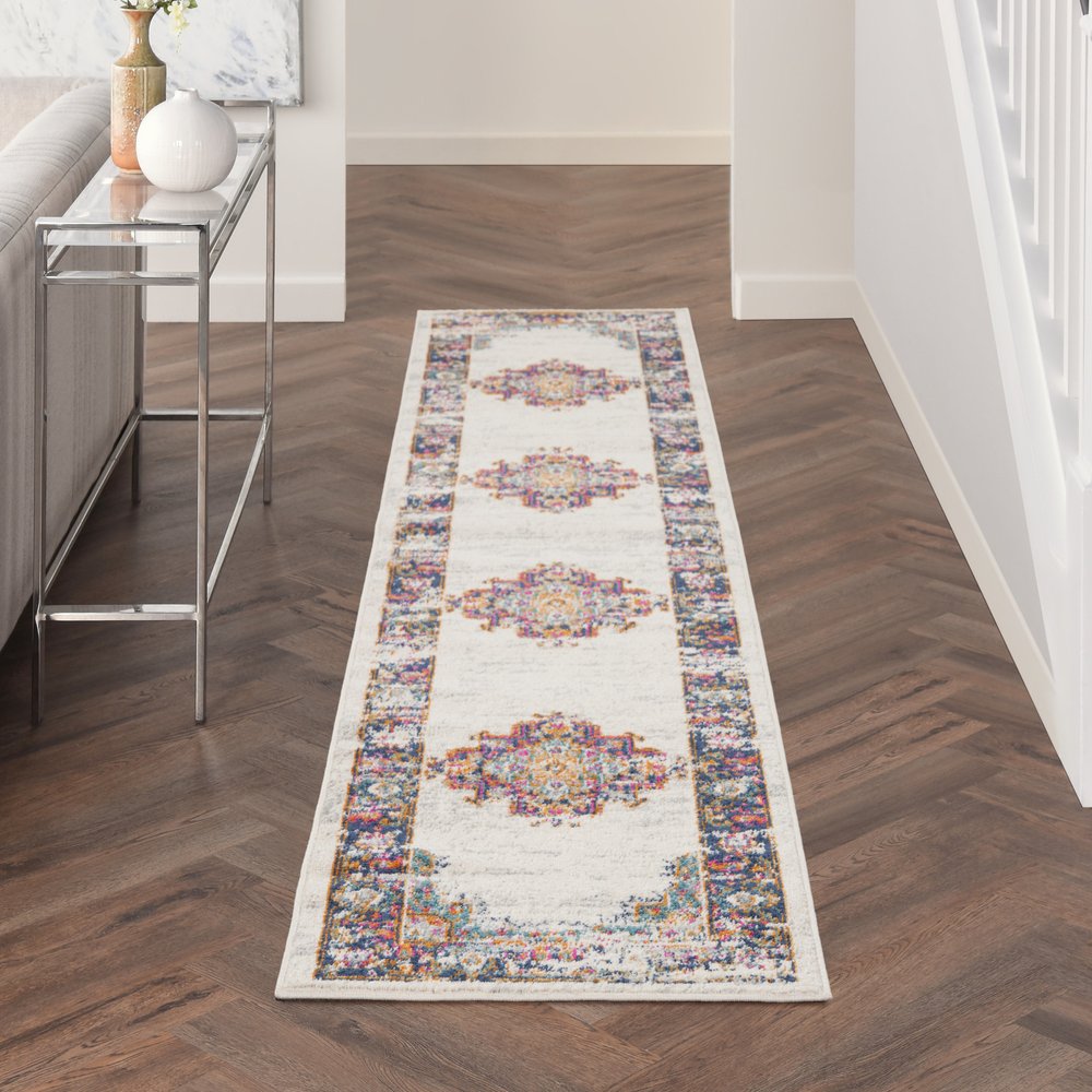 10' Blue And Ivory Oriental Distressed Runner Rug