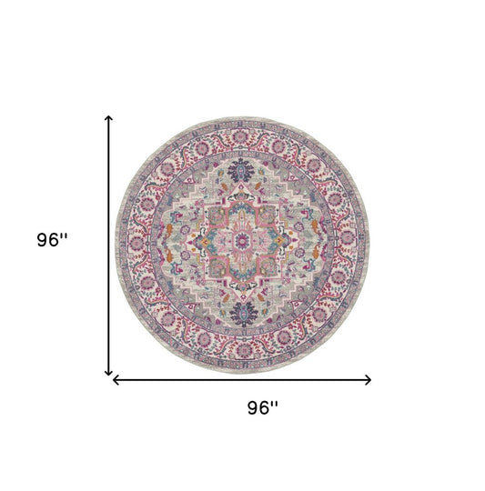 8' Gray Round Floral Power Loom Area Rug