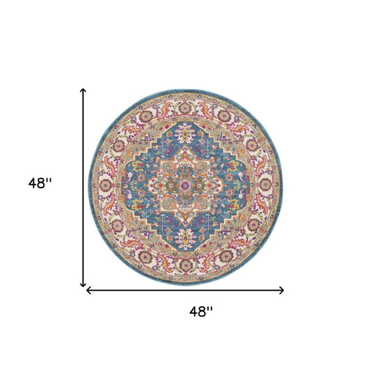 4' Gray Round Floral Power Loom Area Rug