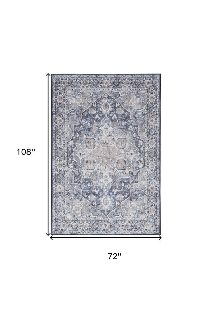 6' X 9' Blue And Pink Floral Power Loom Distressed Washable Area Rug