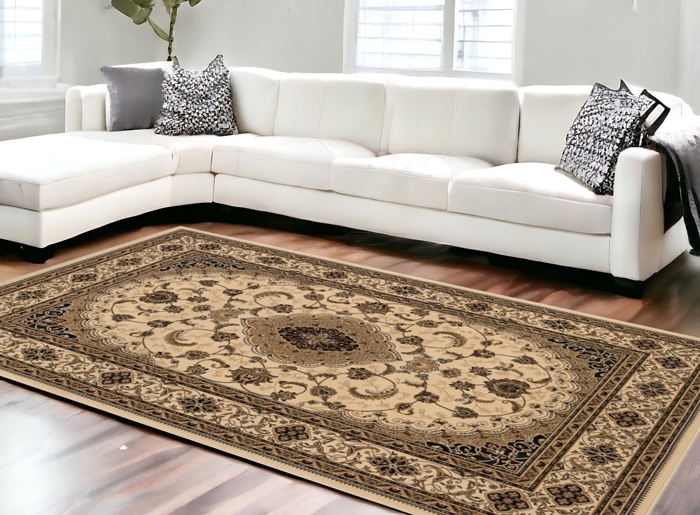 10' X 13' Beige and Black Oriental Washable Non Skid Area Rug