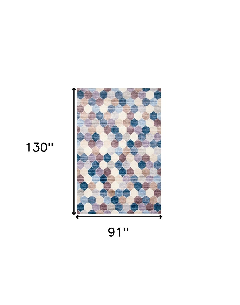 8' X 11' Ivory and Blue Geometric Distressed Area Rug