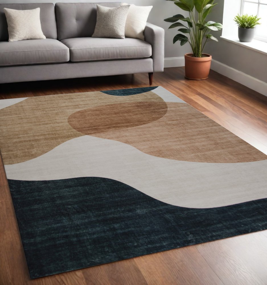 5' X 8' Beige and Green Abstract Distressed Area Rug