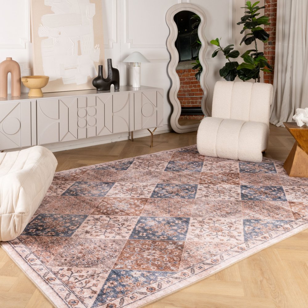 4' X 6' Brown and Blue Floral Distressed Area Rug
