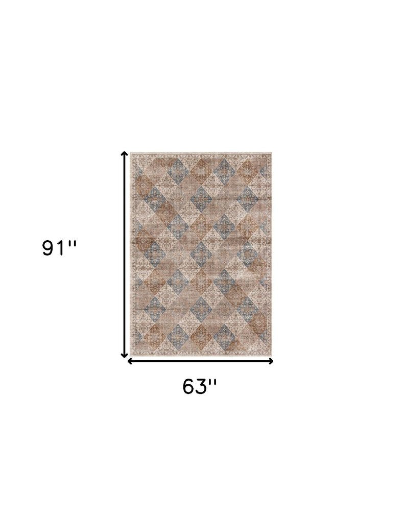 5' X 8' Brown and Blue Floral Distressed Area Rug