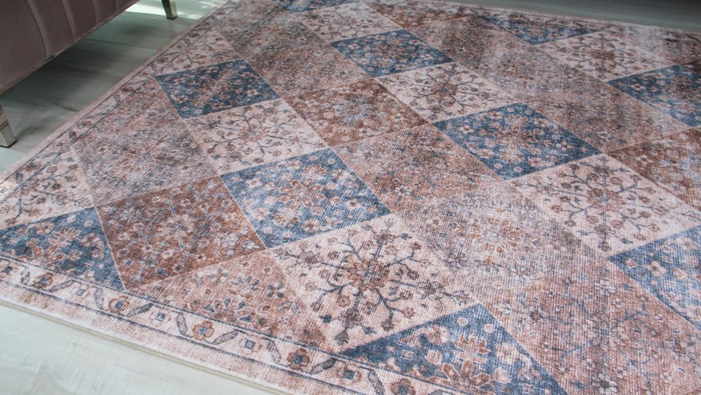 5' X 8' Brown and Blue Floral Distressed Area Rug
