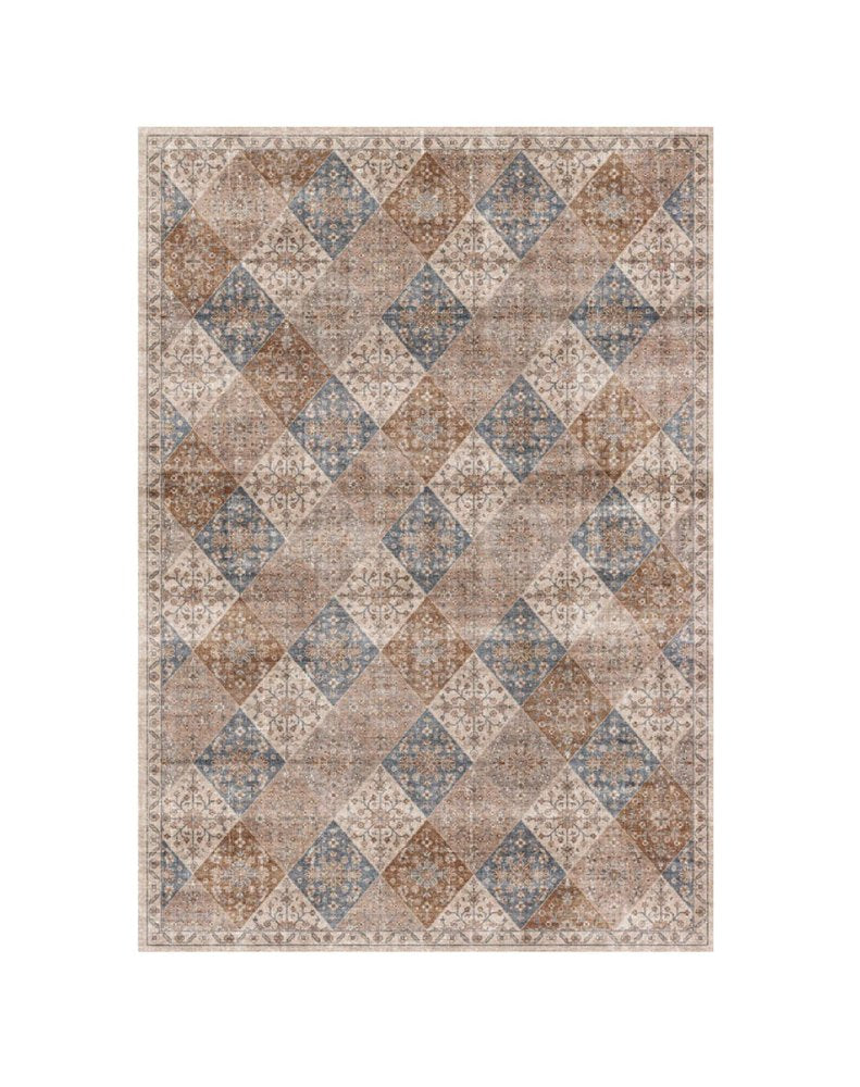 7' X 10' Brown and Blue Floral Distressed Area Rug