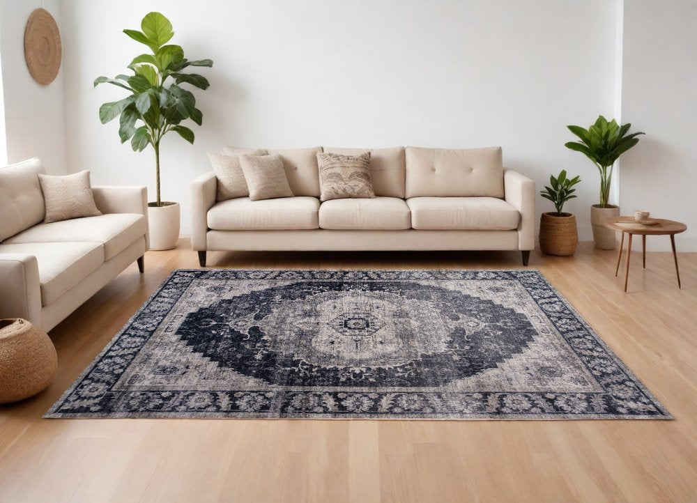 7' X 10' Black and Gray Oriental Area Rug