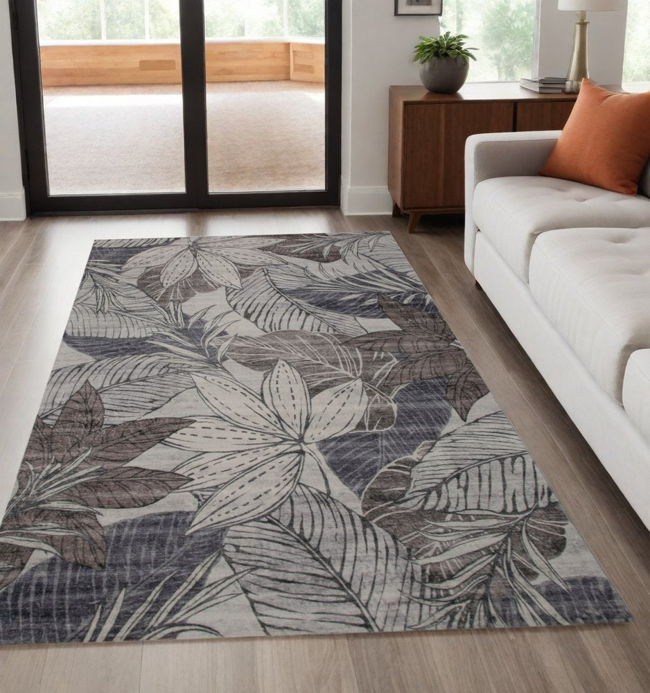 5' X 8' Gray and Brown Floral Distressed Area Rug