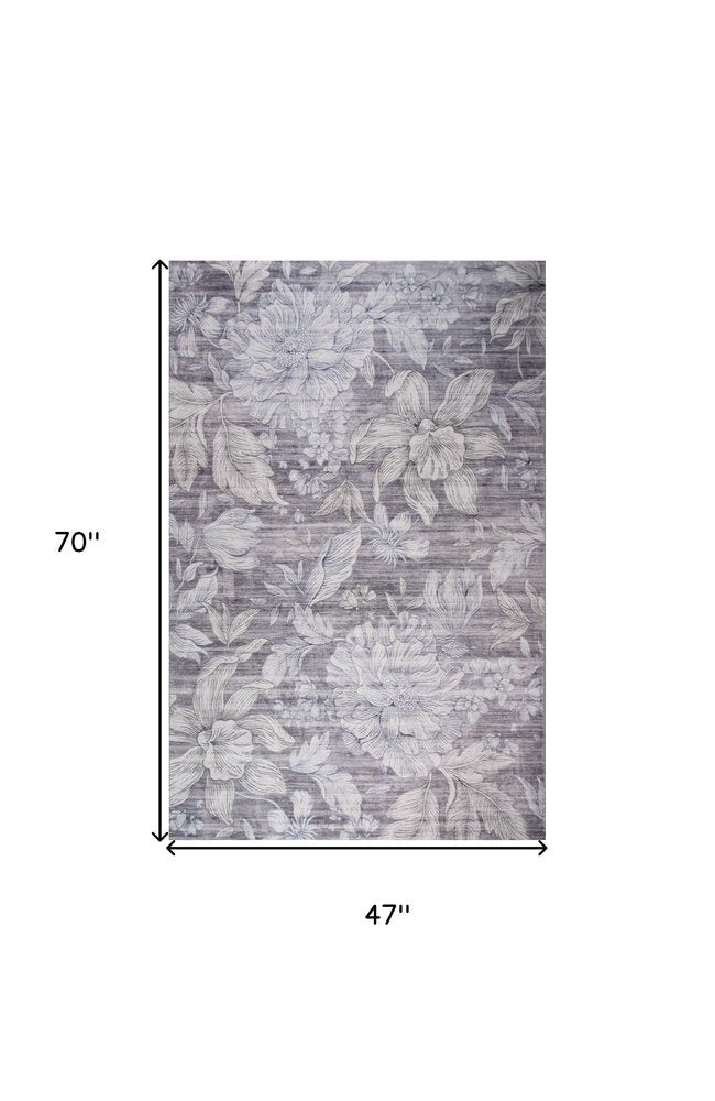 4' X 6' Gray and Beige Floral Area Rug