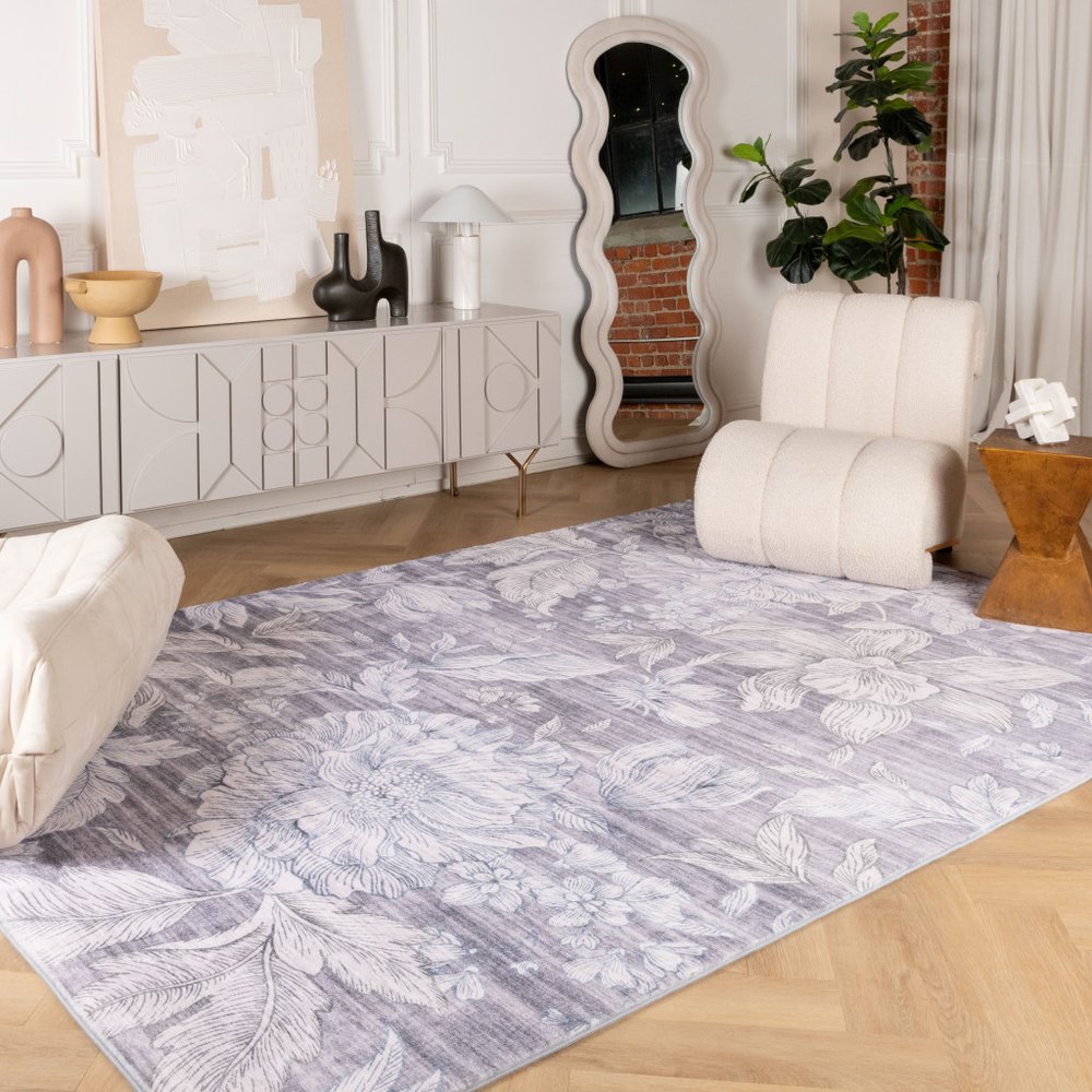 5' X 8' Gray and Beige Floral Area Rug