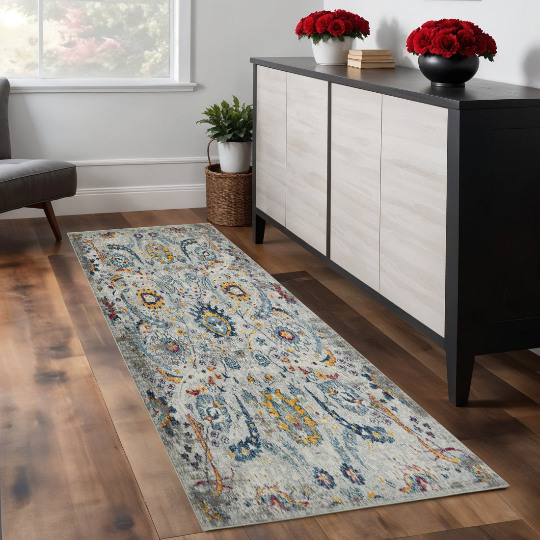 5' X 7' Gray Blue And Orange Area Rug