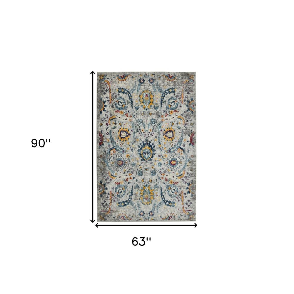 5' X 7' Gray Blue And Orange Area Rug