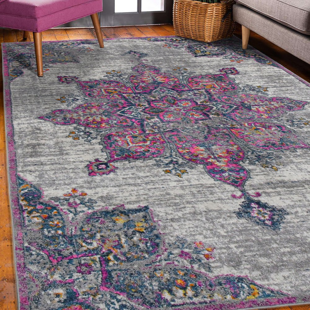 9' X 12' Pink Gray And Blue Area Rug