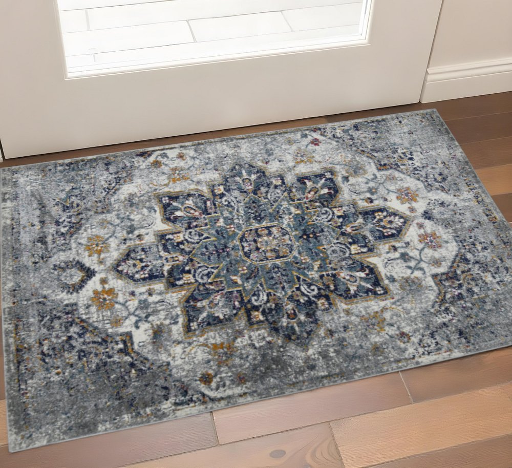 8' Gray Blue And Brown Medallion Distressed Runner Rug