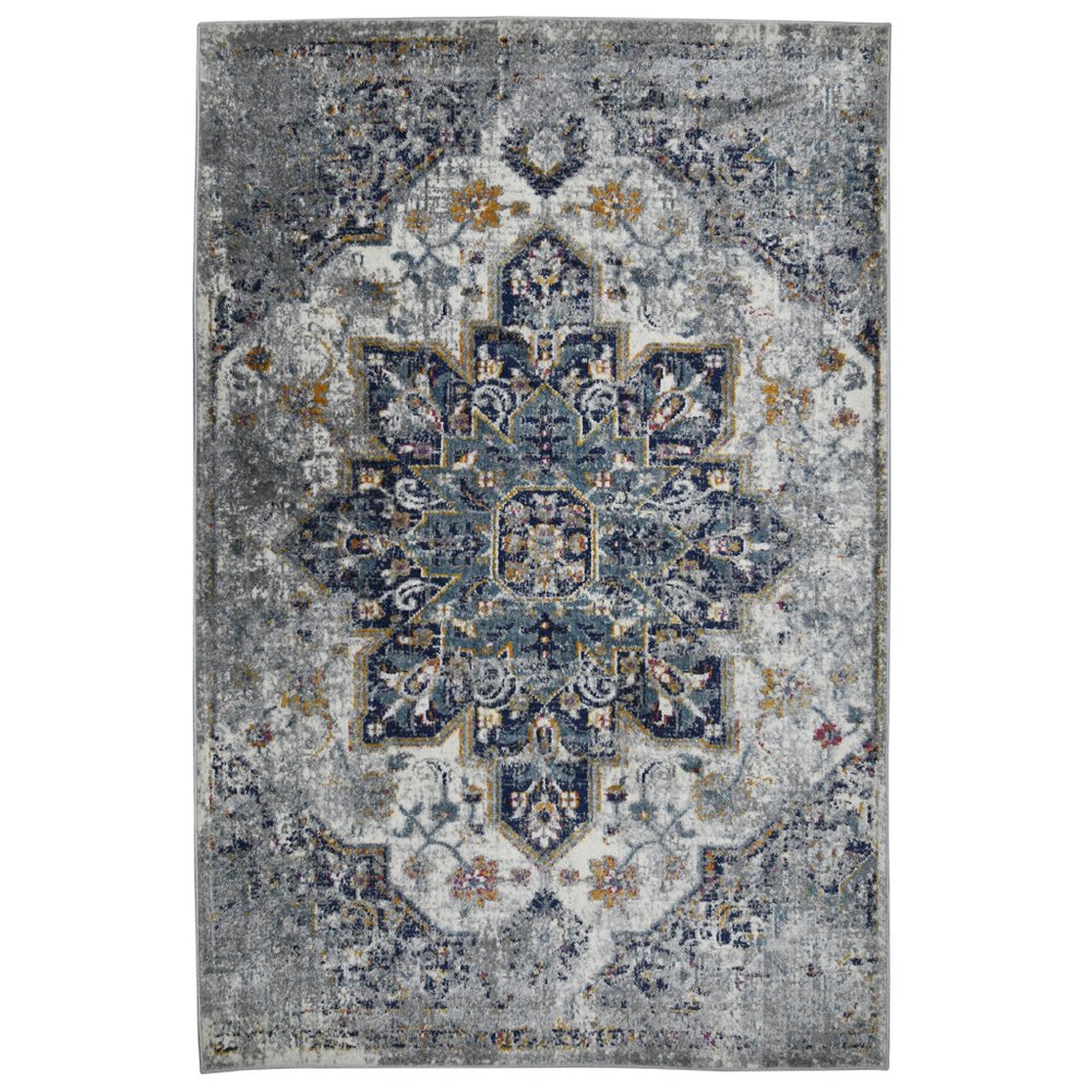 8' Gray Blue And Brown Medallion Distressed Runner Rug