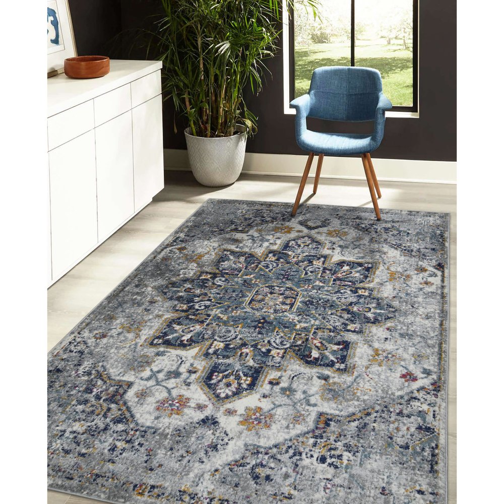 8' Gray Blue And Brown Medallion Distressed Runner Rug
