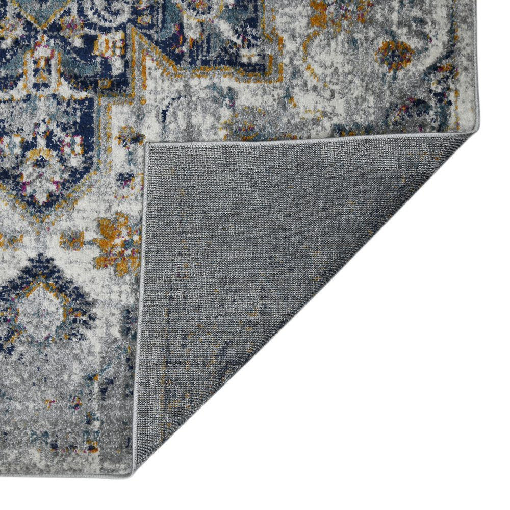 8' Gray Blue And Brown Medallion Distressed Runner Rug