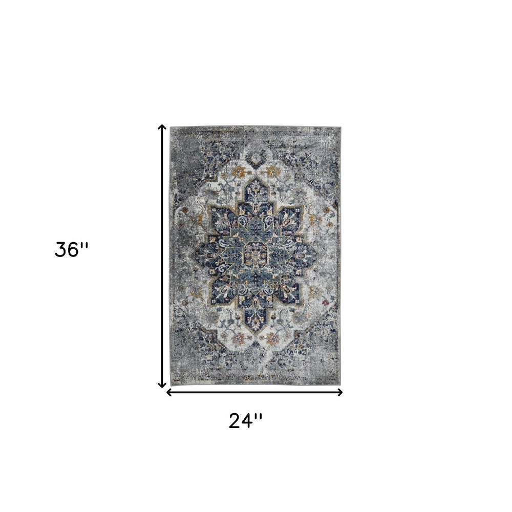 8' Gray Blue And Brown Medallion Distressed Runner Rug