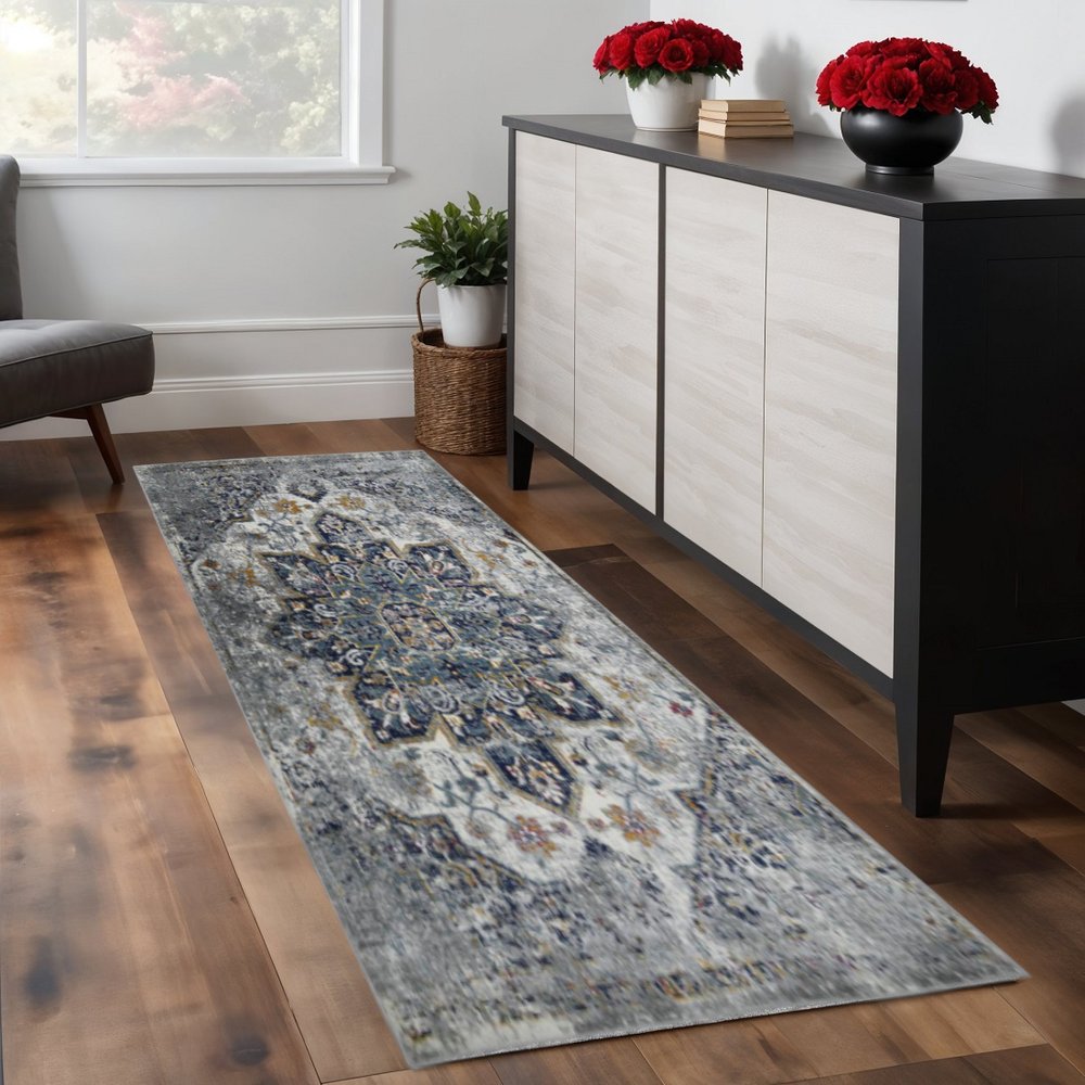 8' Gray Blue And Brown Medallion Distressed Runner Rug