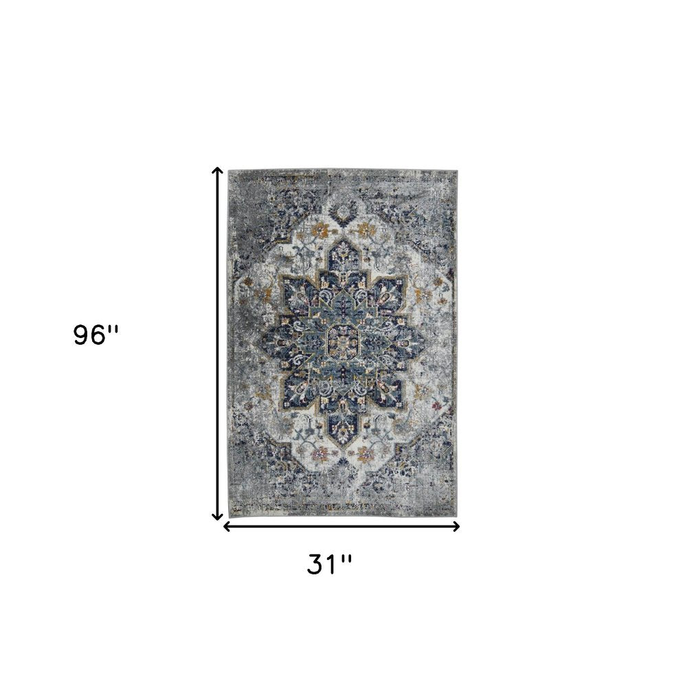 8' Gray Blue And Brown Medallion Distressed Runner Rug