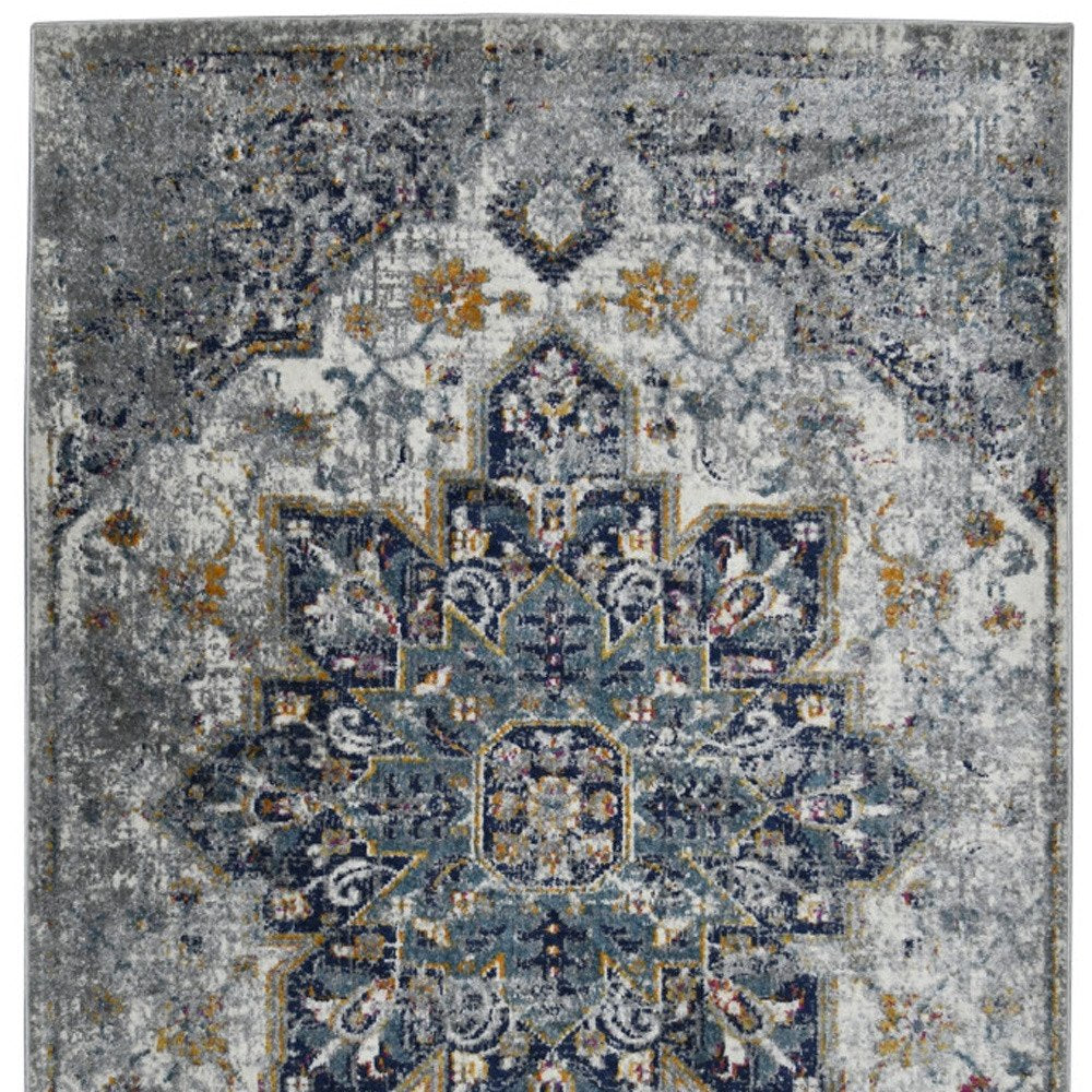 8' Gray Blue And Brown Medallion Distressed Runner Rug