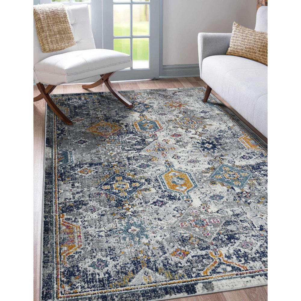 5' X 7' Blue Gray And Rust Area Rug