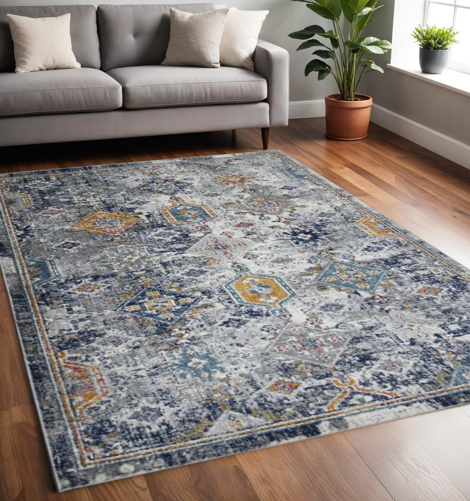 5' X 7' Blue Gray And Rust Area Rug