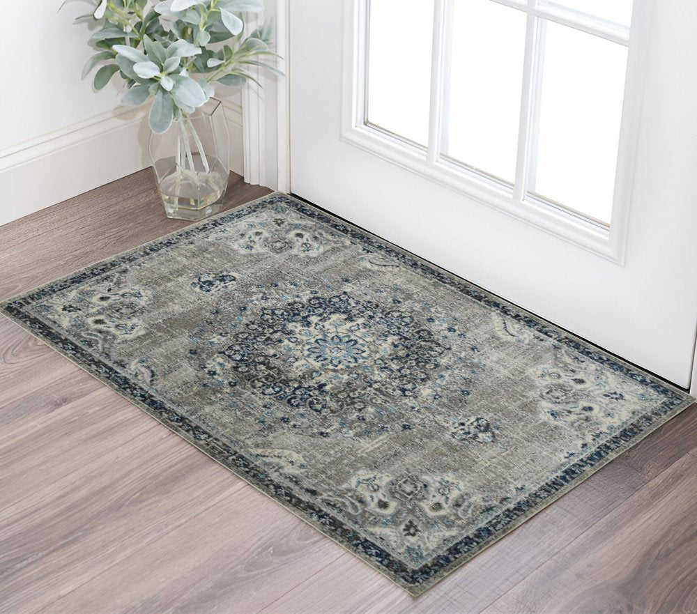 5' X 7' Teal Gray And Ivory Area Rug