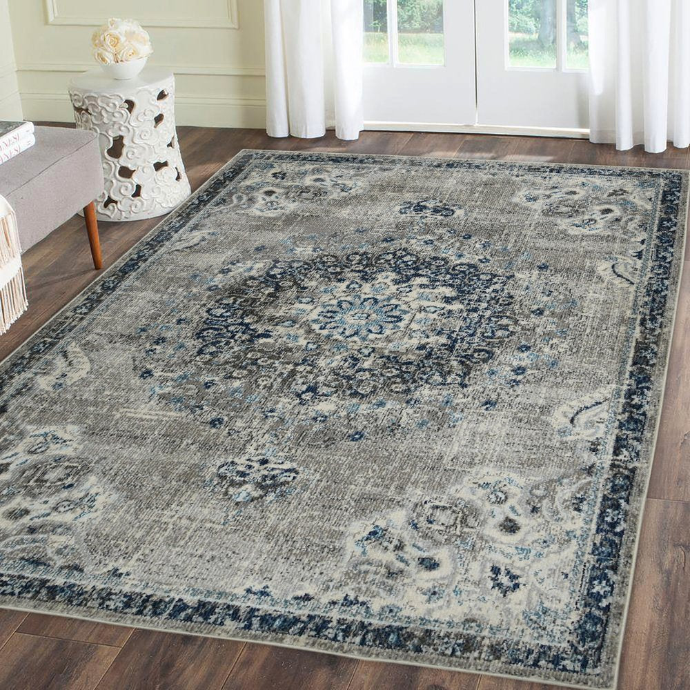 5' X 7' Teal Gray And Ivory Area Rug
