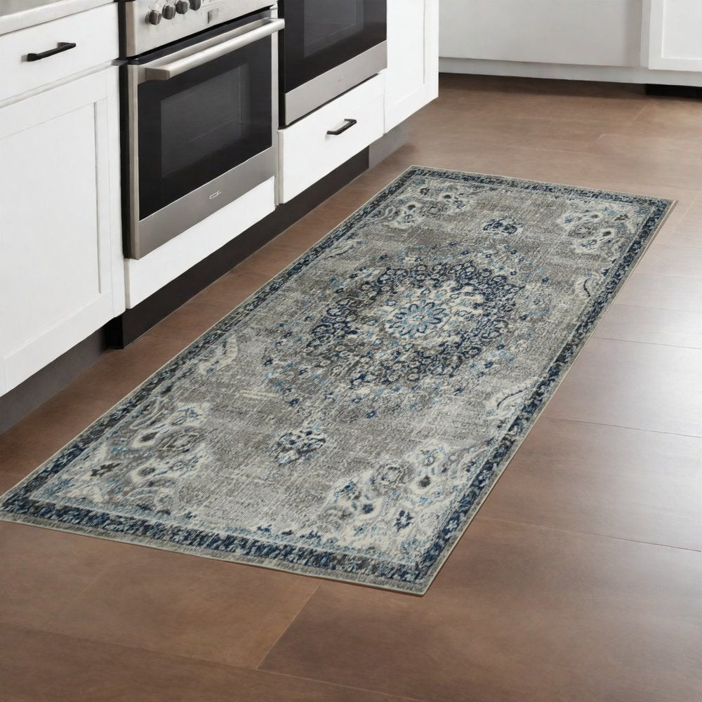 5' X 7' Teal Gray And Ivory Area Rug