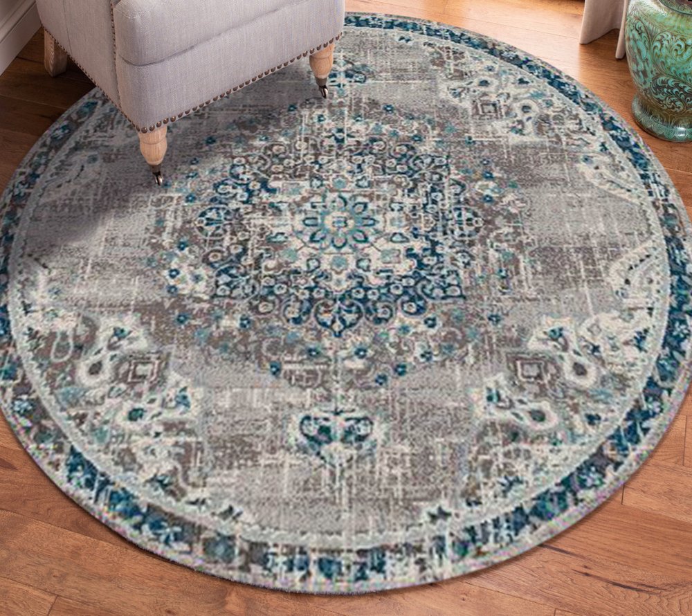 5' X 7' Teal Gray And Ivory Area Rug