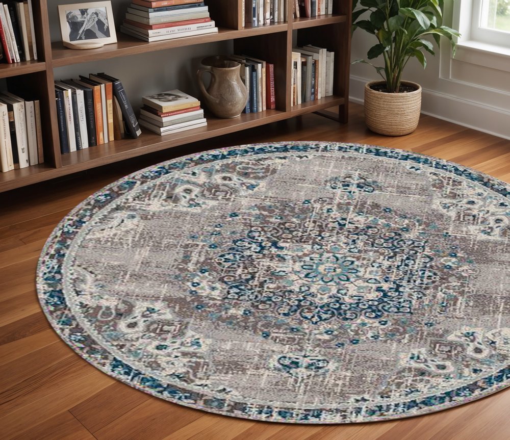 5' X 7' Teal Gray And Ivory Area Rug
