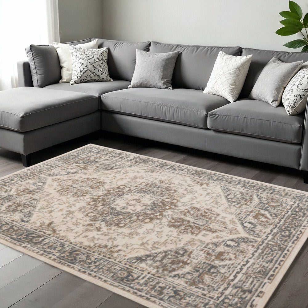 10' X 14' Gray And Beige Medallion Area Rug