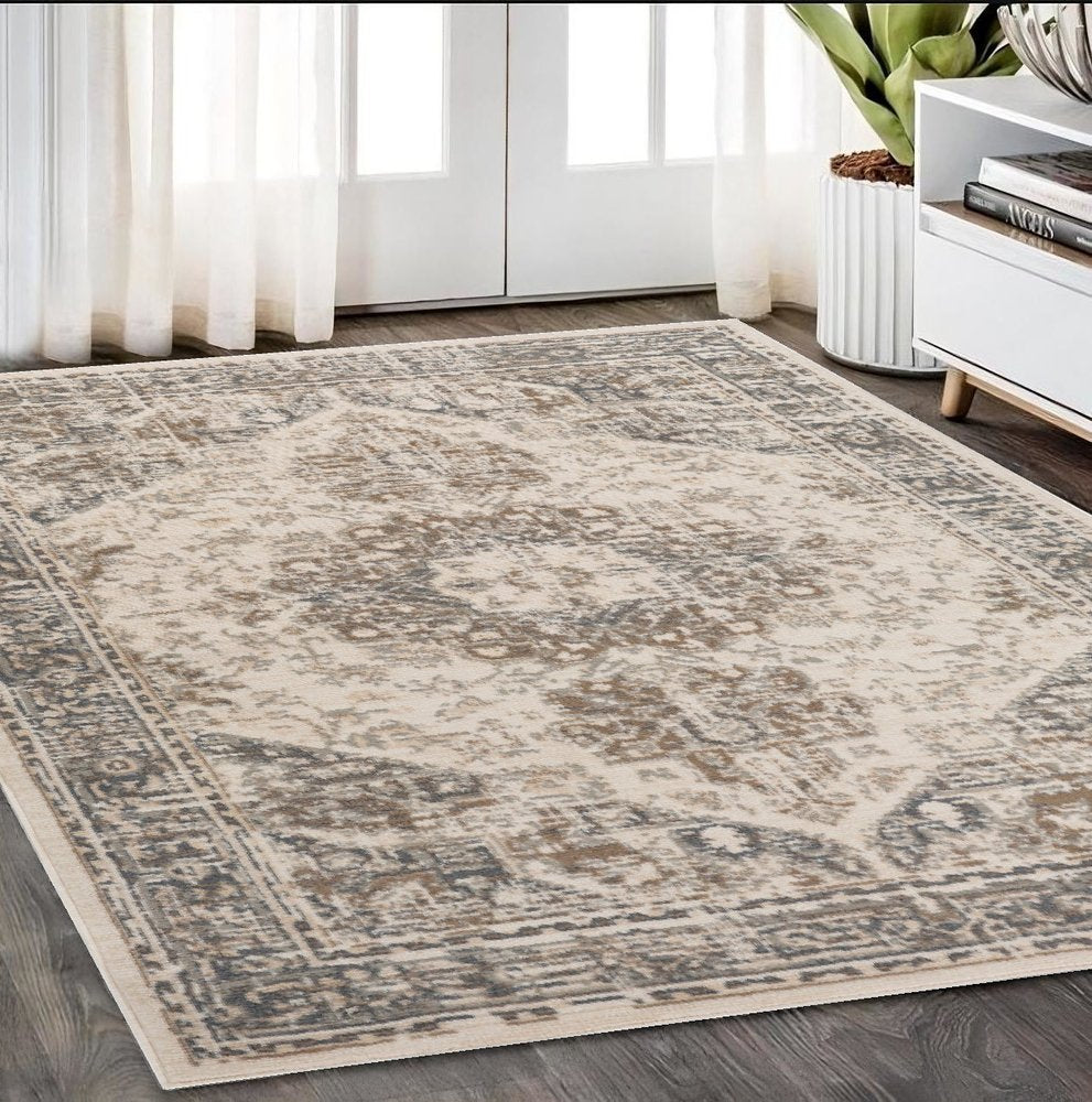 10' X 14' Gray And Beige Medallion Area Rug