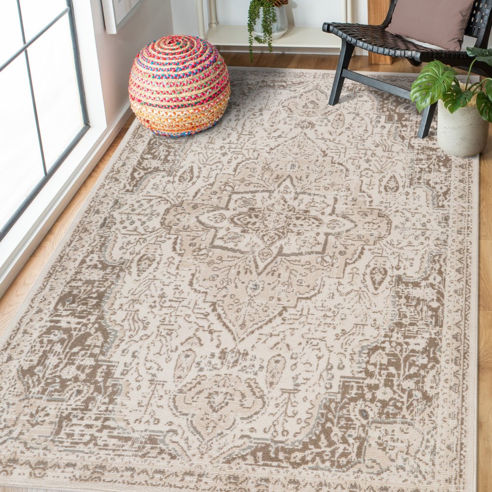 8' X 10' Cream And Brown Medallion Area Rug