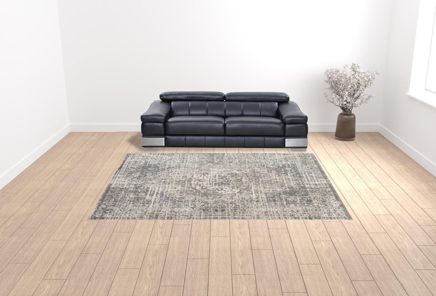 10' X 14' Medium Gray and Ivory Medallion Power Loom Area Rug