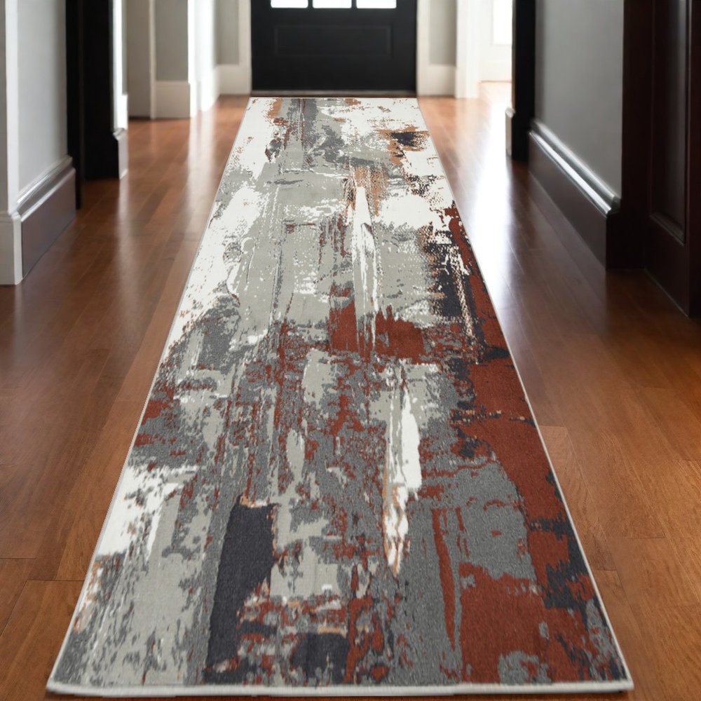 8' X 10' Ivory Gray and Rust Abstract Power Loom Area Rug