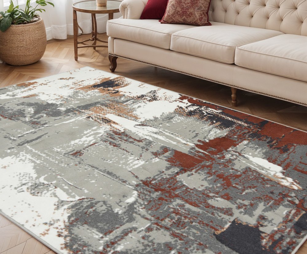 8' X 10' Ivory Gray and Rust Abstract Power Loom Area Rug