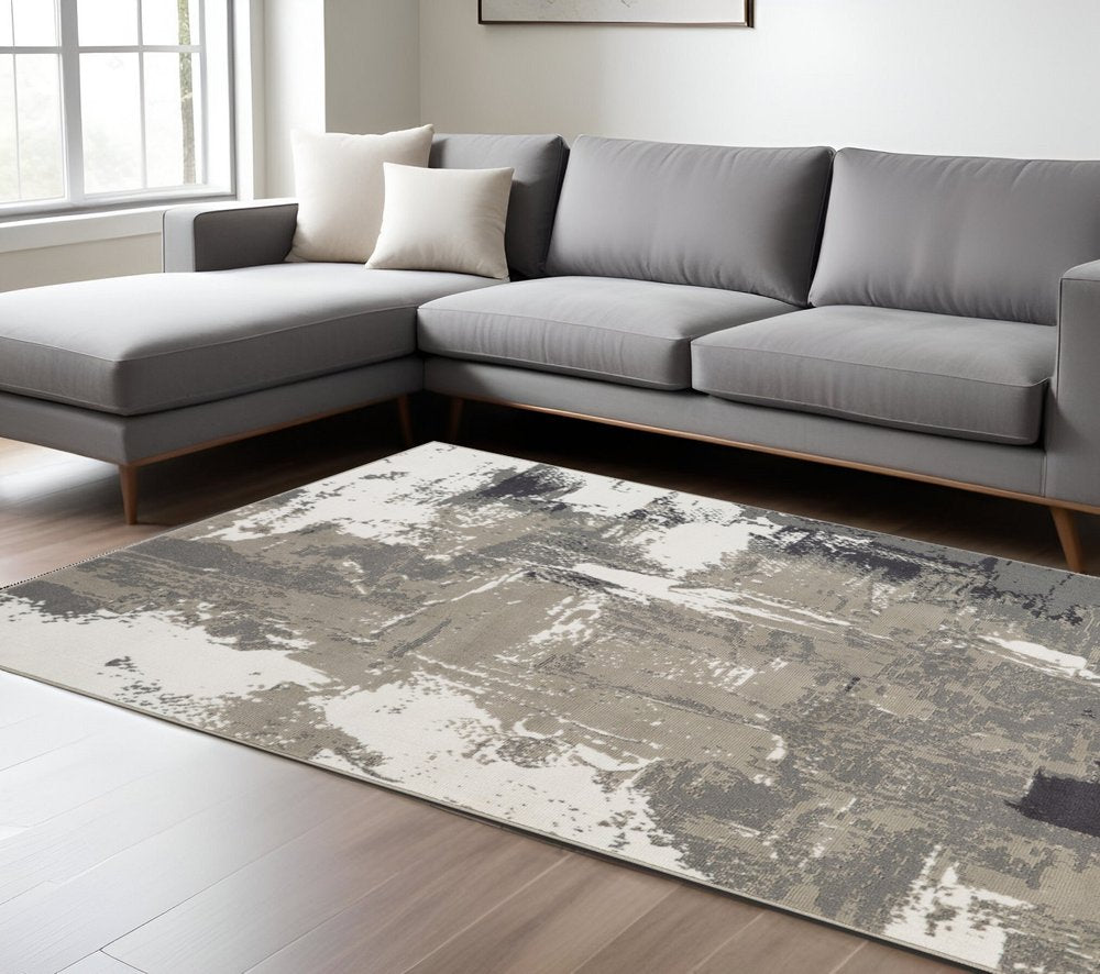 8' X 10' Ivory Black and Gray Abstract Power Loom Area Rug