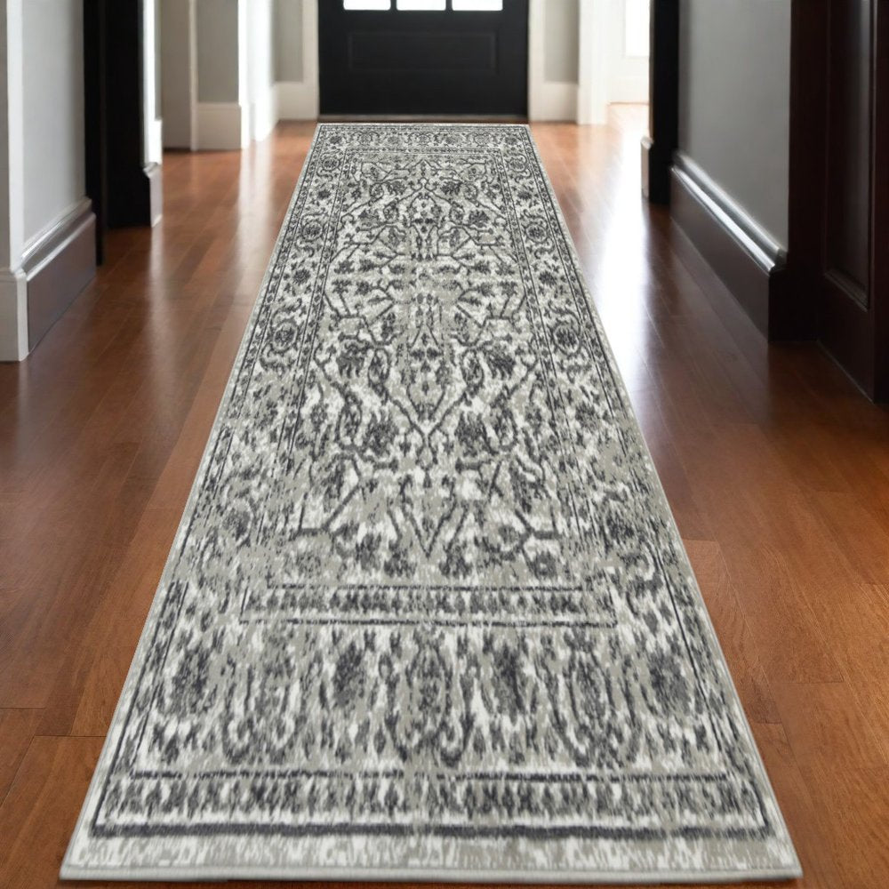 10' X 14' Ivory Gray And Dark Gray Floral Area Rug