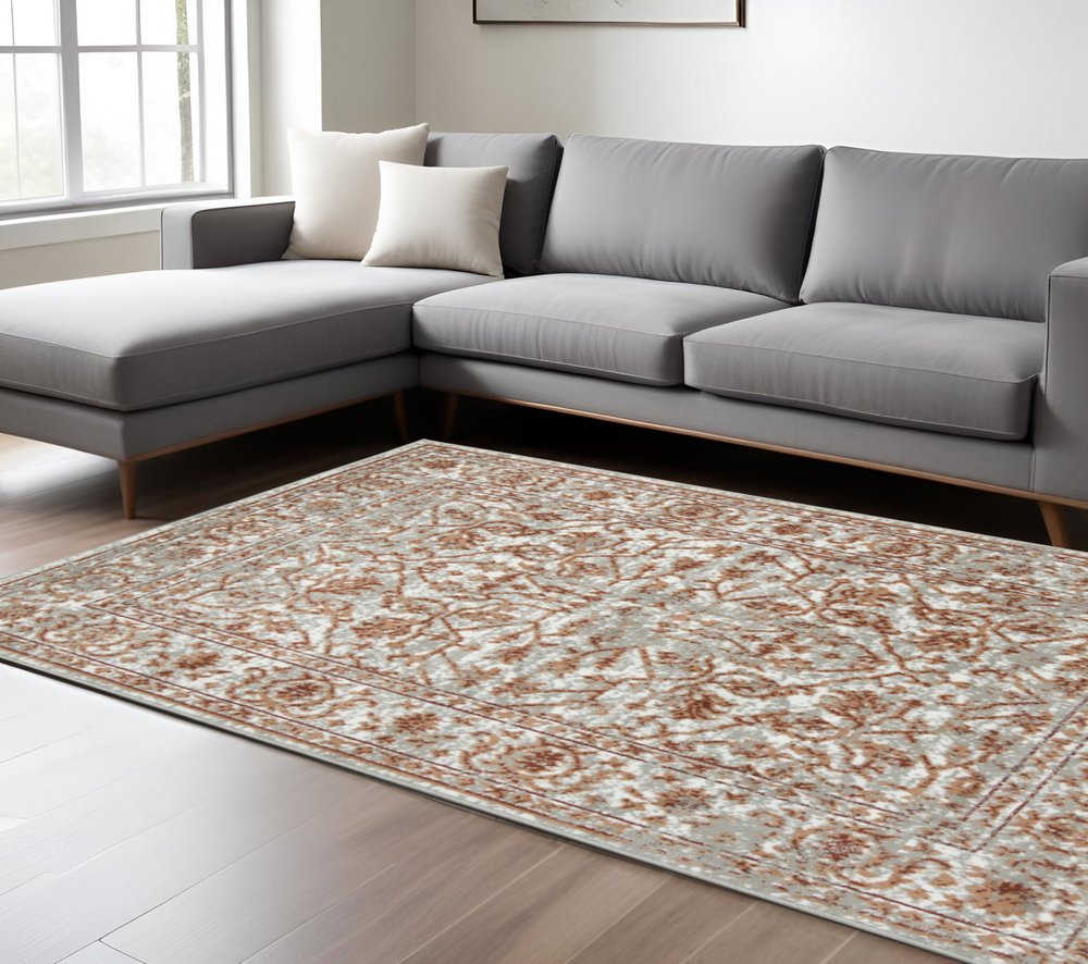 10' X 14' Ivory Gray And Rust Floral Area Rug
